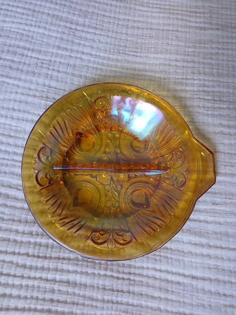 Amber Iridescent Glass Divided Serving Dish - Indiana Glass Carnival